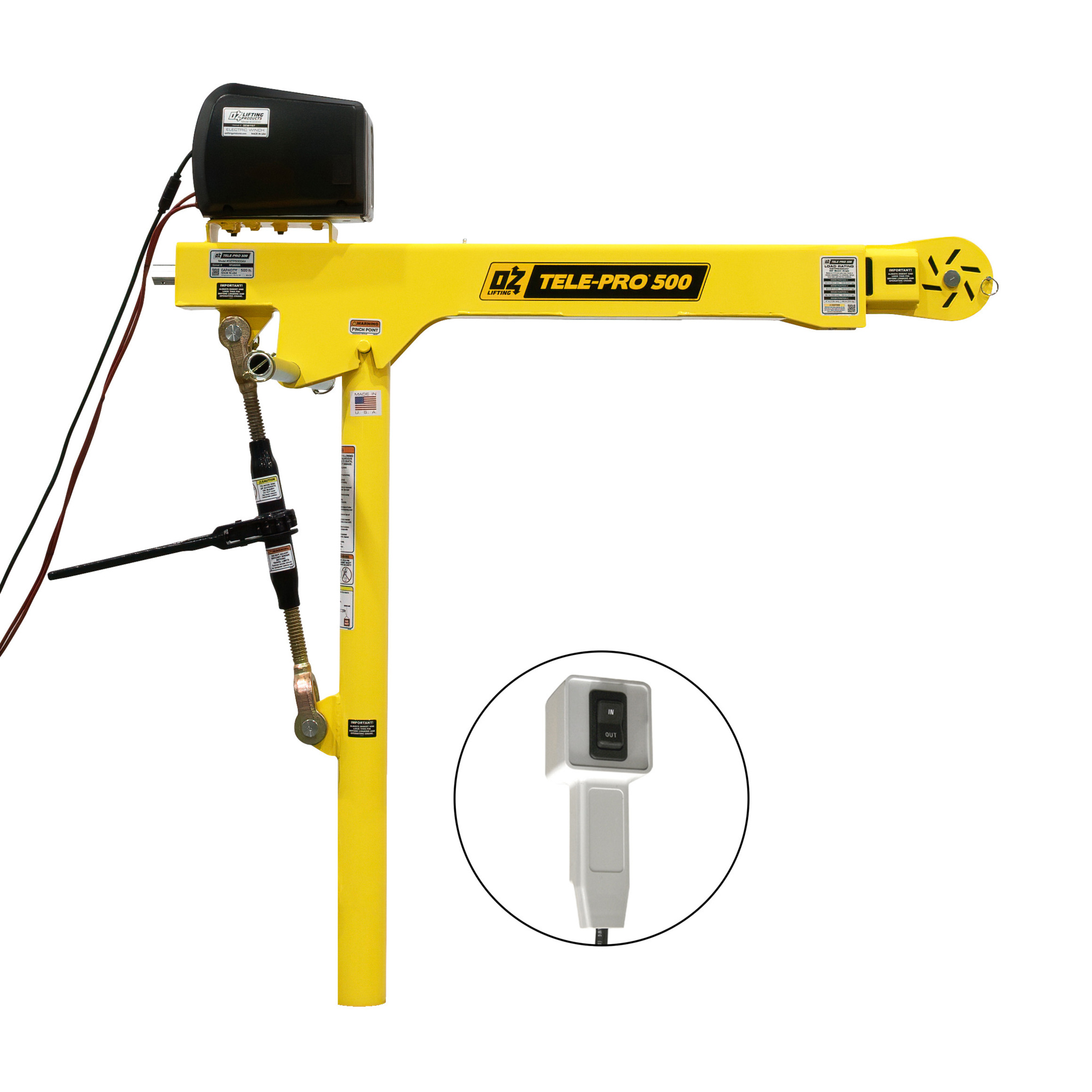 OZ Lifting Products Tele-Pro Davit Crane with DC Winch, 500-Lb. Capacity, 58 1/4in. Height, Model# OZTP500DAV-DCW